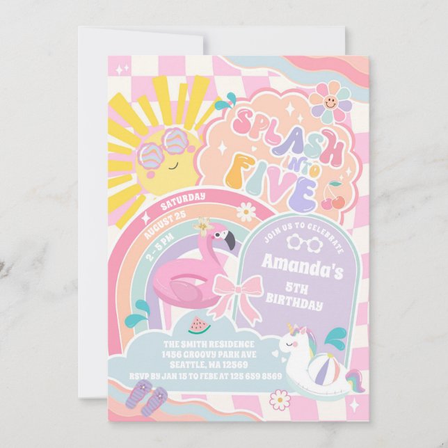 Convite Splash Into Five Cloud Rainbow Disco 5th Birthday  (Frente)
