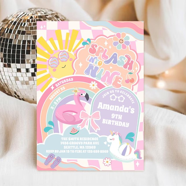 Convite Splash Into Nine Pool Party Rainbow 9th Birthday  (Criador carregado)