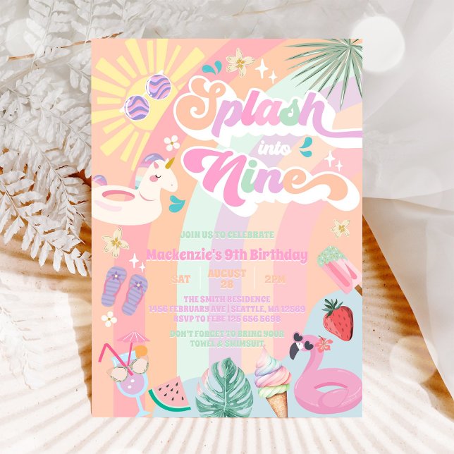 Convite Splash Into Nine Summer Rainbow Sun 9th Birthday  (Criador carregado)