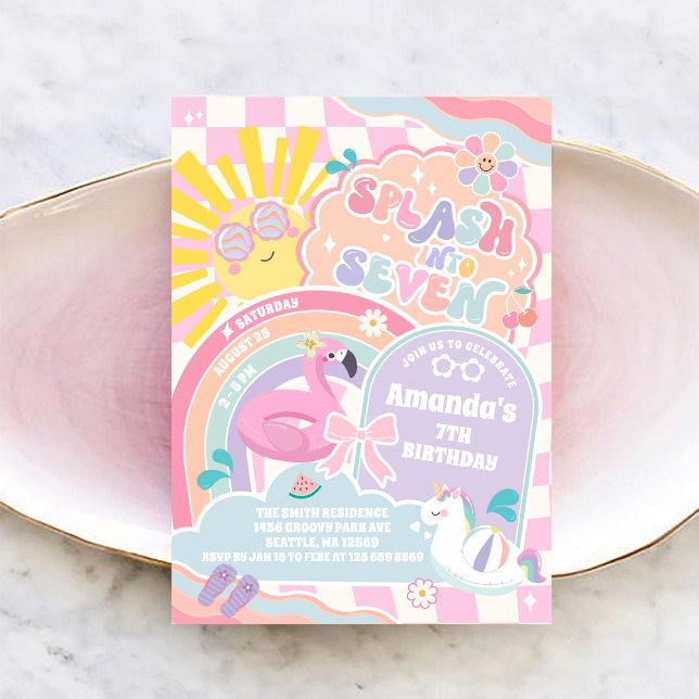 Convite Splash Into Seven Pool Party Rainbow 7th Birthday  (Criador carregado)