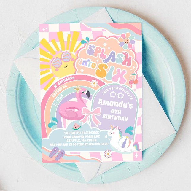 Convite Splash Into Six Rainbow Sun 6th Birthday  (Criador carregado)