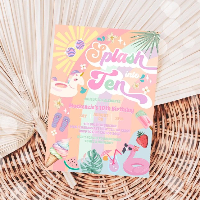 Convite Splash Into Ten Summer Rainbow Sun 10th Birthday  (Criador carregado)