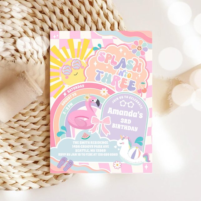 Convite Splash Into Three Pool Party Rainbow 3rd Birthday (Criador carregado)