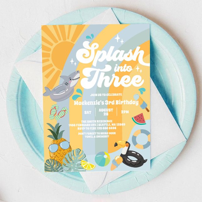 Convite Splash Into Three Summer Rainbow Sun 3rd Birthday  (Criador carregado)