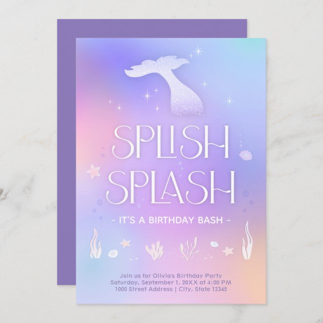 Convite Splash Whimsical Sparkly Smermaid Aniversário (Frente/Verso)