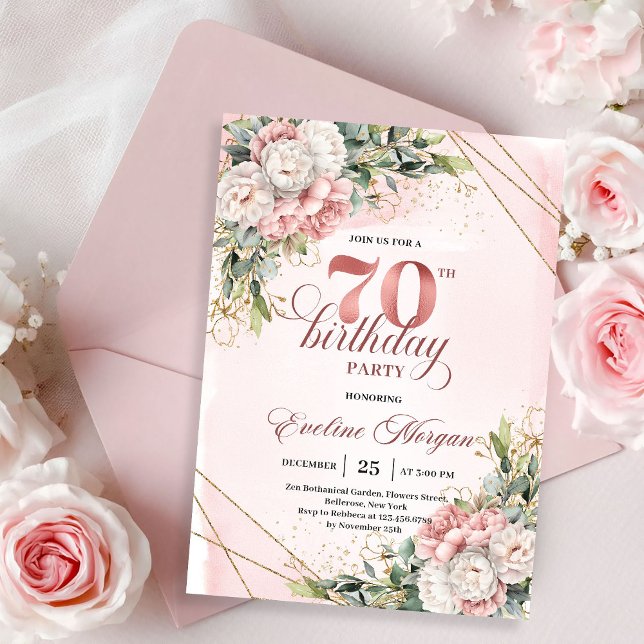 Convite Splendid Rose Gold Watercolor Floral 70th Birthday (Splendid Rose Gold Watercolor Floral 70th Birthday Invitation)
