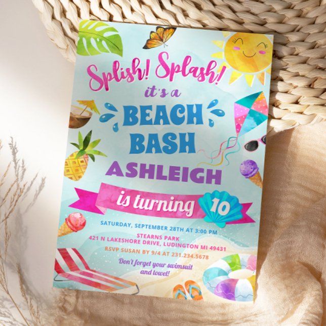 Convite Splish Splash Beach Birthday Party Invitation (Splish Splash Beach Birthday Party Invitation
)