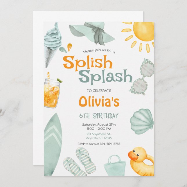 Convite Splish Splash Birthday  Pool Party  (Frente/Verso)