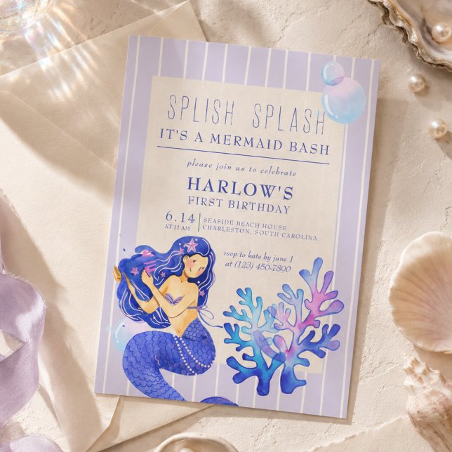 Convite Splish Splash É uma Festa de Sereia Primeiro Anive (Splish Splash It’s a Mermaid Bash First Birthday Invitation)