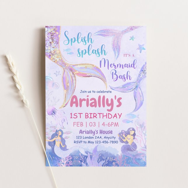 Convite Splish Splash Mermaid Bash Aniversariante Roxa (Splish Splash Mermaid Bash Birthday Girl Purple Invitation)