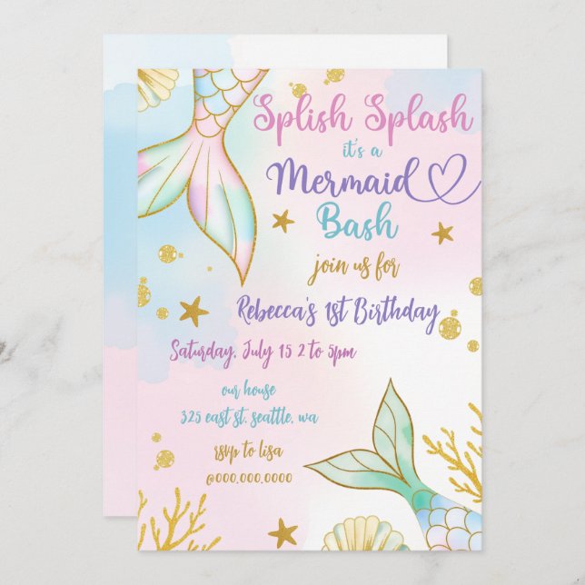 Convite Splish Splash Mermaid Bash Birthday Party (Frente/Verso)