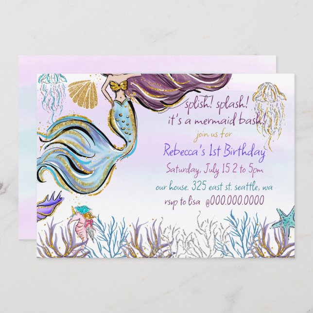 Convite Splish Splash Mermaid Bash Birthday Party (Frente/Verso)