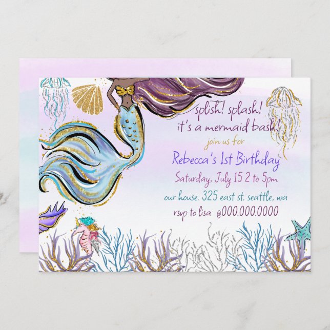Convite Splish Splash Mermaid Bash Birthday Party (Frente/Verso)
