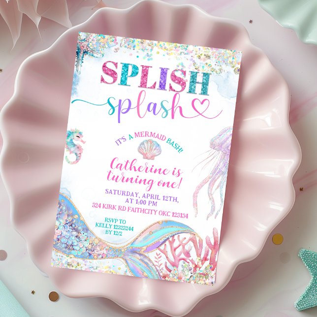 Convite Splish Splash mermaid bash girl birthday invitatio (Criador carregado)