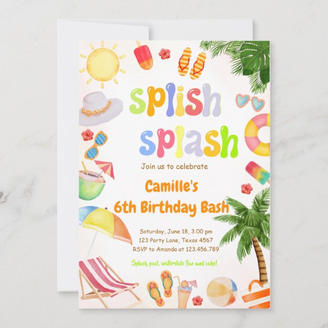 Convite Splish Splash Piscina Party Bash Birthday (Frente)