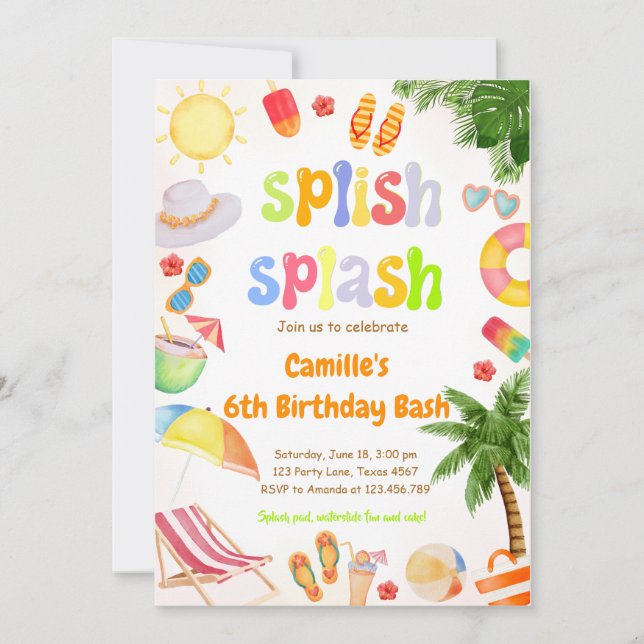 Convite Splish Splash Piscina Party Bash Birthday (Frente)