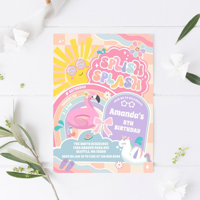 Convite Splish Splash Retro Groovy Daisy Birthday Invitati (Criador carregado)