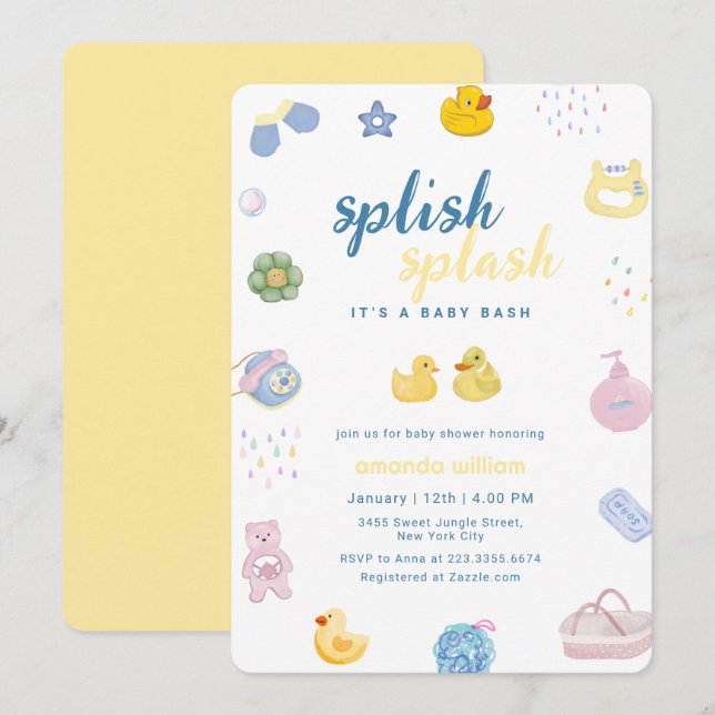 Convite Splish Splash Rubber Duck Bath Baby Shower   (Frente/Verso)