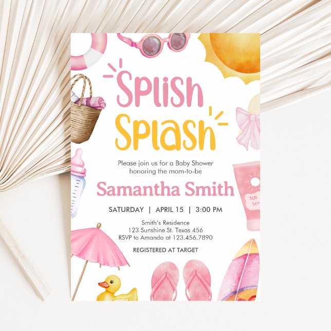 Convite Splish Splash Summer Baby Shower (Pink Splish Splash Baby Shower Invitation)