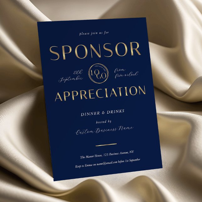Convite Sponsor Appreciation Navy & Gold Logo Corporate (Criador carregado)