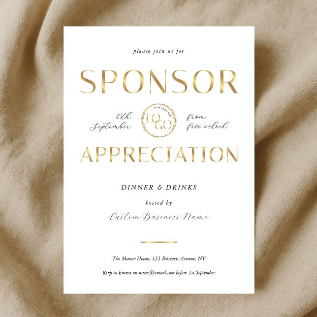 Convite Sponsor Appreciation White & Gold Logo Corporate (Criador carregado)