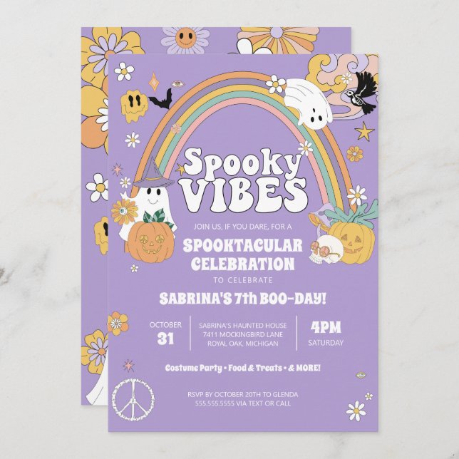 Convite Spookes Vibes Groovy Ghost Hippe Halloween Anivers (Frente/Verso)