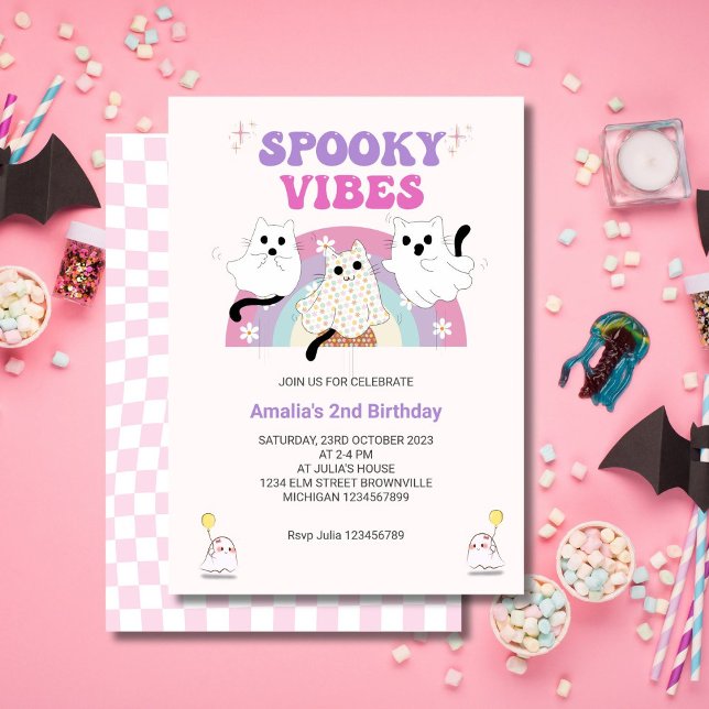Convite Spookes Vibes Retro Halloween Ghost Birthday (Criador carregado)
