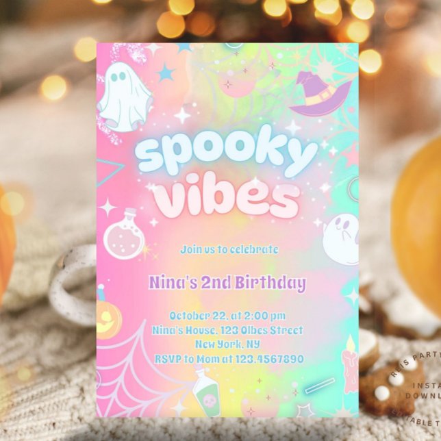 Convite Spookes Víblias Cute Rosa Neon Pastel Dia das Brux (Pink neon birthday party, glow birthday party, glow halloween party, glow in the dark party, pastel )