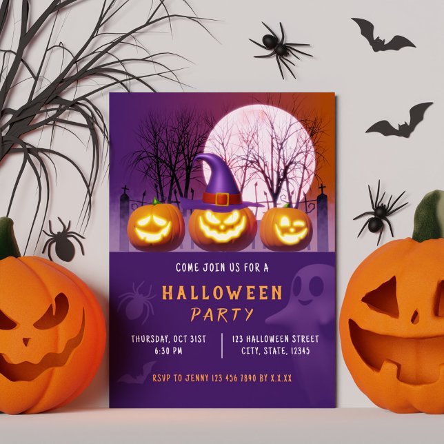 Convite Spookin Pumpkins Orange e Purple Halloween Party (Spooky Pumpkins Orange and Purple Halloween Party Invitation)