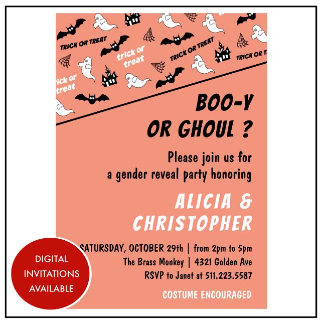 Convite Spooktacular Fantasma Laranja no Halloween (Spooktacular-Ghost-Orange-Halloween-gender-reveal-Invitation-1)