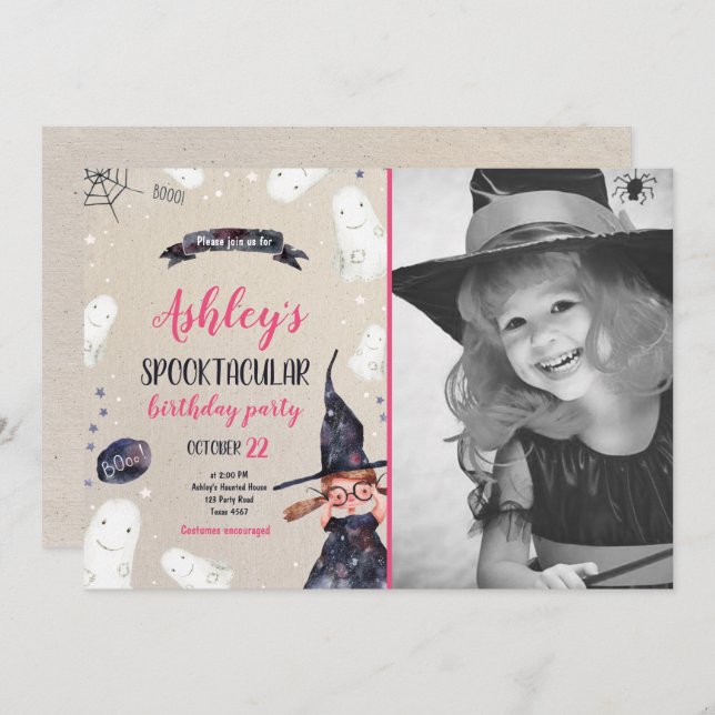Convite Spooktacular Halloween Bruxas Hat Ghost Birthday (Frente/Verso)