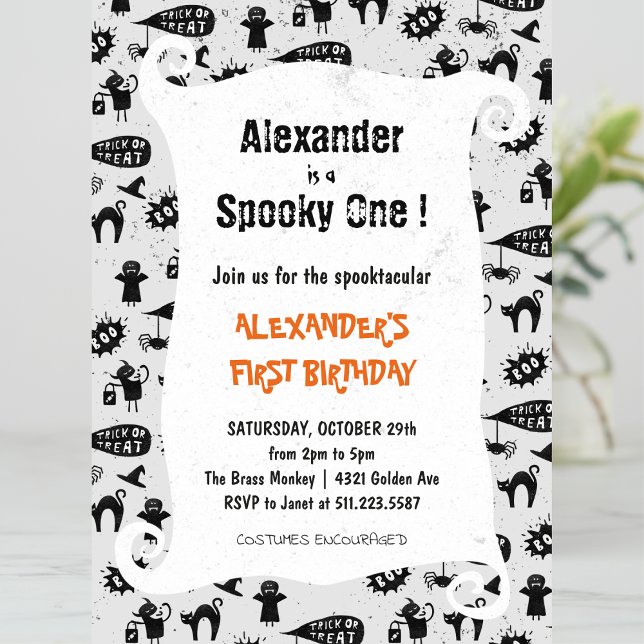 Convite Spooktacular primeiro aniversario de Dia das Bruxa (Halloween-1st-birthday-Invitation-Spooky-one-Spooktacular-boy-grey-1)