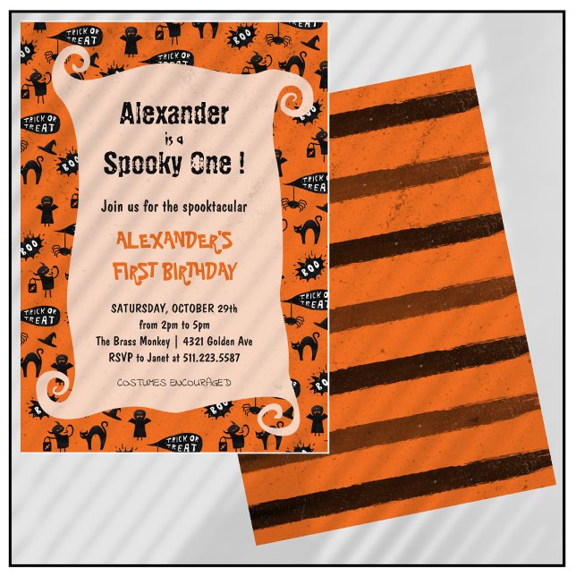 Convite Spooktacular primeiro aniversario de Dia das Bruxa (Halloween-1st-birthday-Invitation-Spooky-one-Spooktacular-orange-1)