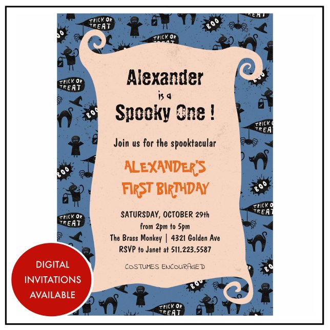 Convite Spooktacular primeiro aniversario de Dia das Bruxa (Halloween-1st-birthday-Invitation-Spooky-one-Spooktacular-boy-blue-1)