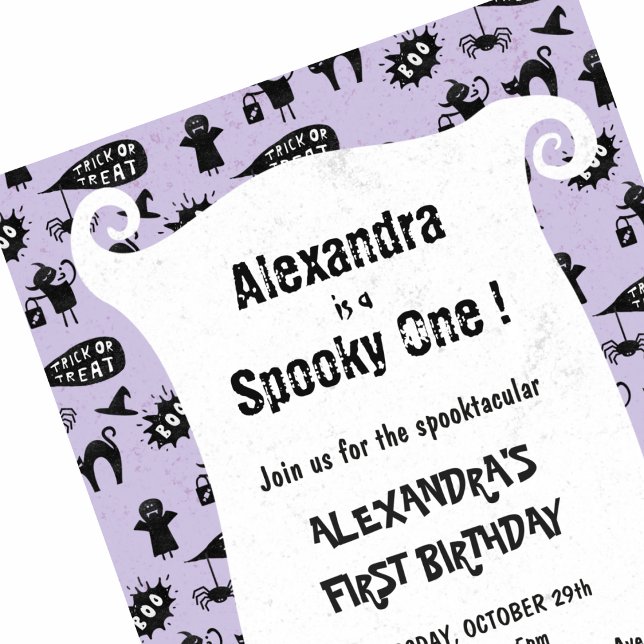 Convite Spooktacular primeiro aniversario de Dia das Bruxa (Halloween-1st-birthday-Invitation-Spooky-one-Spooktacular-girl-purple-1)