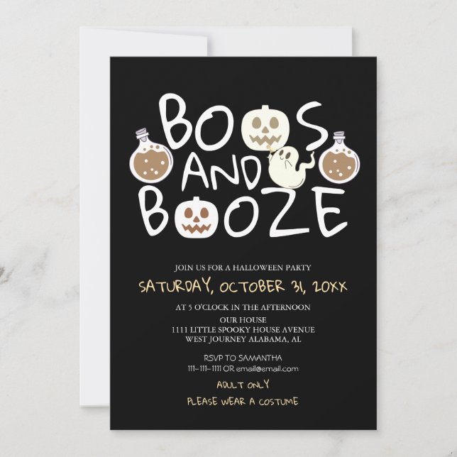 Convite Spooky Boos e Booze Black Adulto Festa de Hallowee (Frente)