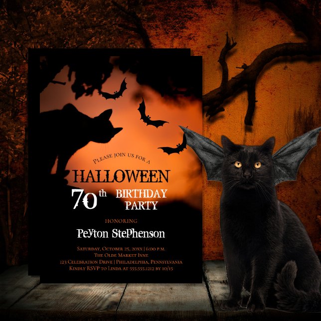 Convite Spooky Cat | 70 de Bats Halloween (Spooky black cat and bats against an orange sky Halloween 70th Birthday Party Invitation)
