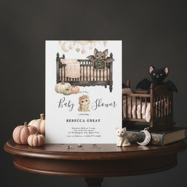 Convite Spooky Chic Gothic Bat & Kitten Baby Girl Shower  (Criador carregado)