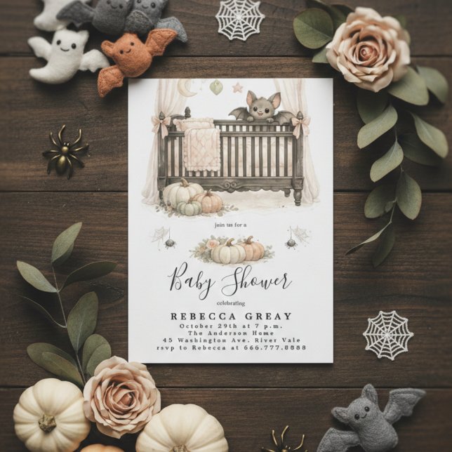 Convite Spooky Chic Gothic Bat & Pumpkins Baby Shower (Criador carregado)
