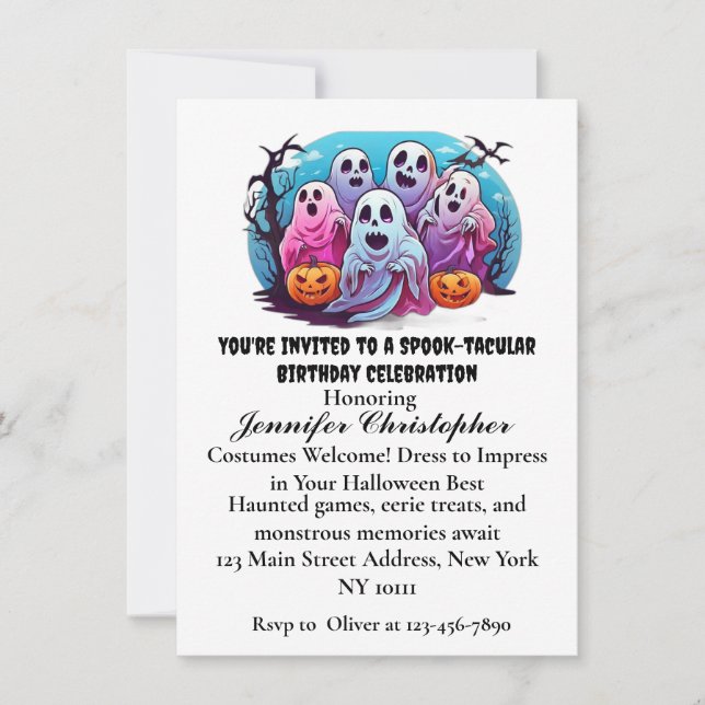 Convite Spooky Ghosts abóbora Bats Halloween Aniversário (Frente)