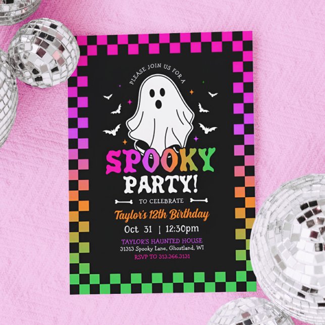 Convite Spooky Halloween Ghost Birthday Retro (Retro Neon Halloween Birthday Invitation)