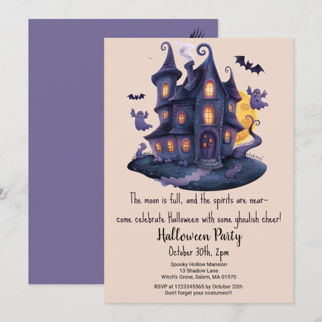 Convite Spooky Hauned House Ghosts Bats Halloween Party (Frente/Verso)