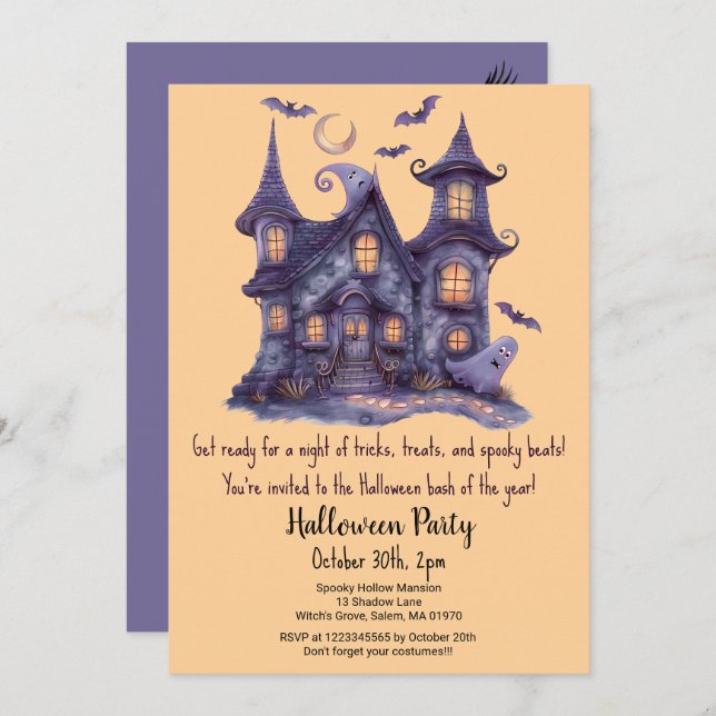 Convite Spooky Hauned House Ghosts Bats Halloween Party (Frente/Verso)