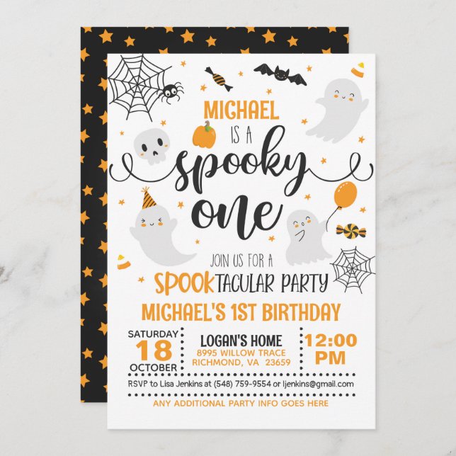 Convite Spooky One Birthday - Blk & Orange (Frente/Verso)