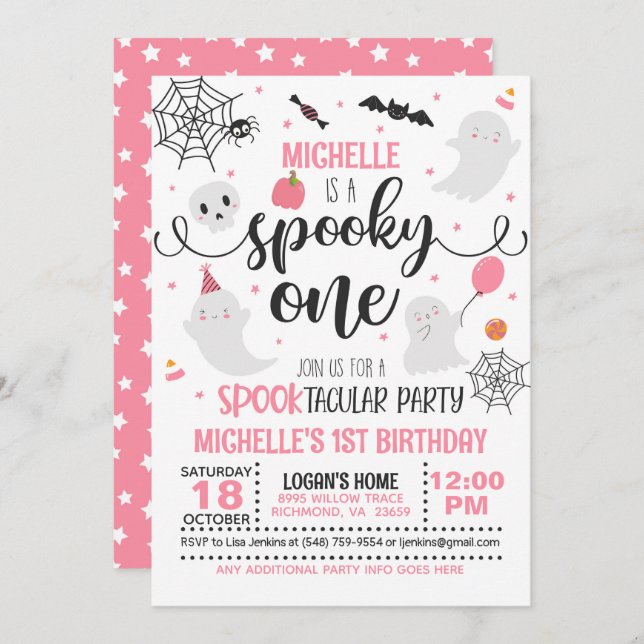 Convite Spooky One Birthday - Rapariga (Wh/Rosa) (Frente/Verso)