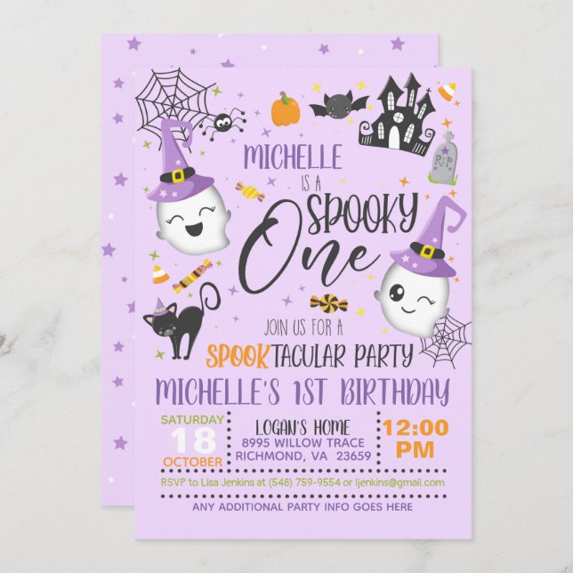 Convite Spooky One Birthday - Roxo (Frente/Verso)