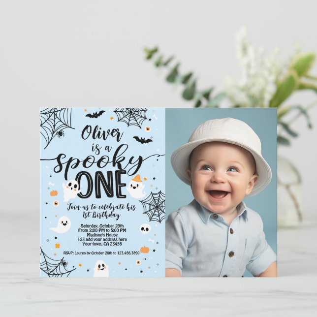 Convite Spooky One Blue Ghost Halloween Invite with Photo (Em pé/Frente)