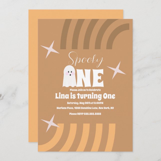Convite Spooky One Groovy Ghost Halloween Birthday Brown (Frente/Verso)
