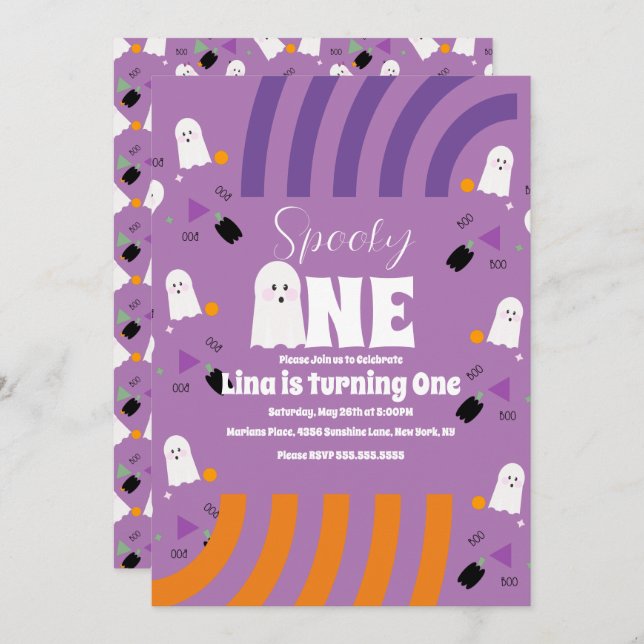 Convite Spooky One Groovy Ghost Halloween Roxo (Frente/Verso)