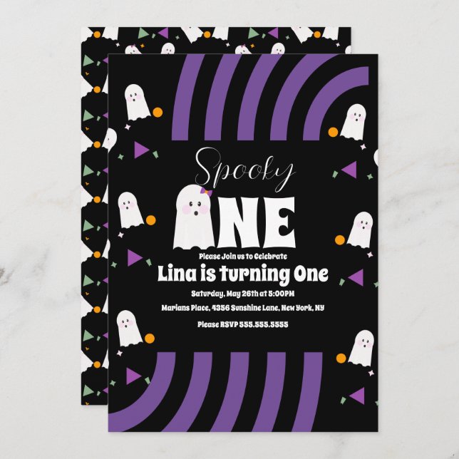 Convite Spooky One Groovy Letra Halloween Aniversário (Frente/Verso)